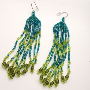 Blue and green beaded chandelier earrings